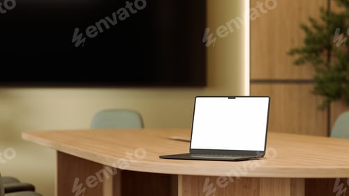 Preview: Computer laptop on table in minimalist meeting room with business presentations 3D rendered