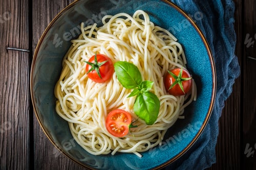 Preview: Closeup of fresh spaghetti with tomatoes, parmesan and basil