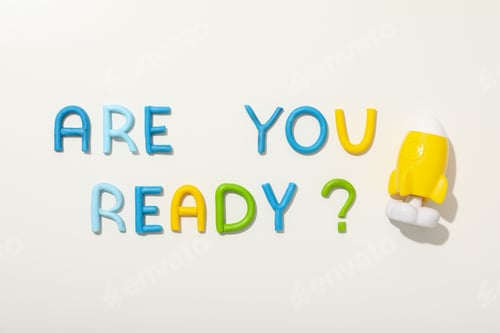 Preview: Inscription: "Are you ready?", on the table, top view.