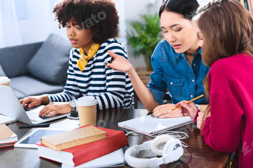 Preview: multicultural group of young students studying together