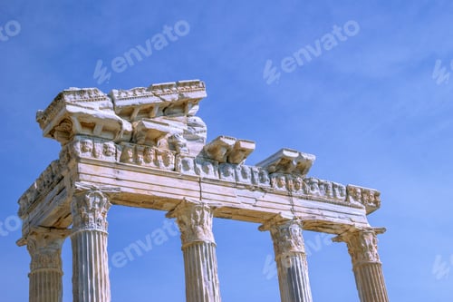 Preview: Ruins of Apollo Temple against the blue sky in Side ancient city. Antalya province, Turkey.