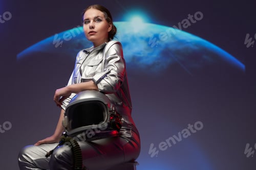 Preview: Woman space explorer against background with planet