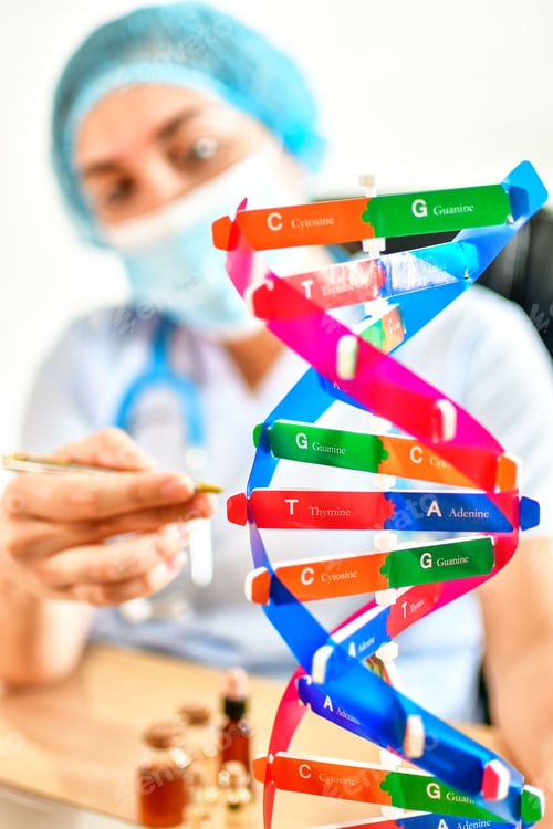 Preview: Vertical shot of a medical tutor holding model of double Helix during presentation