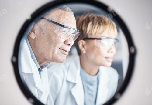 Preview: Science, research and team in laboratory incubator window for experiment, study and medical results