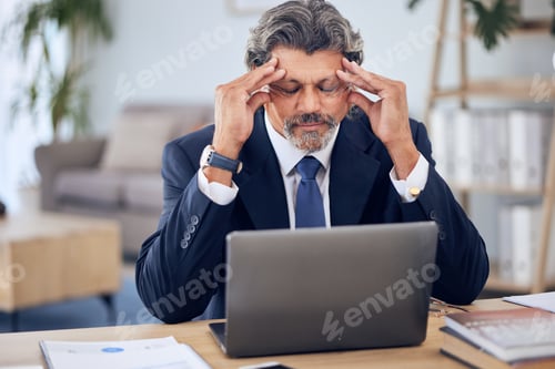 Preview: Stress, headache and businessman on a laptop in the office while working on a corporate project. Mi