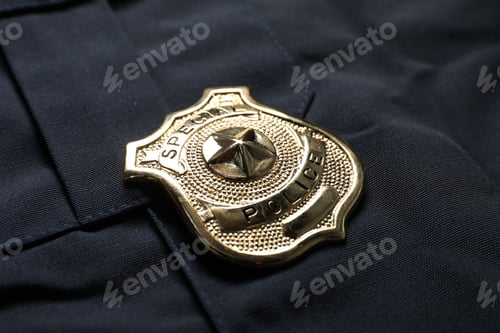 Preview: Police badge on dark blue uniform, closeup