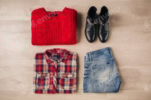 Preview: flat lay of woman style and accessories, autumn fashion trend, view from above, traveler outfit