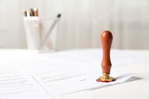 Preview: Documents with wax seal and stamp on white table, closeup