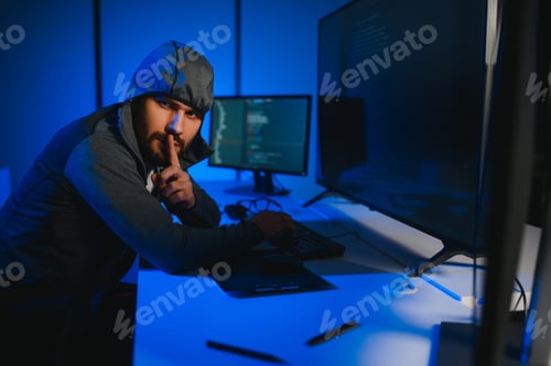 Preview: Hacker programmer using computer in dark room