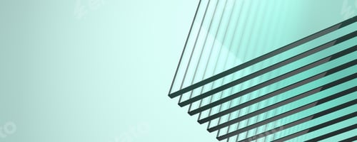 Preview: Wide angle abstract background with stack of flat green glass. Copy space. 3D rendering.