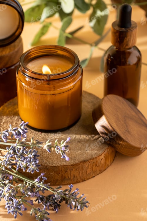 Preview: Soy candles in a glass jar. Aromatherapy. Burning candle and lavender.