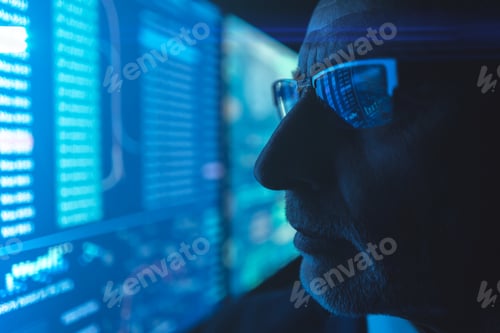 Preview: The old businessman standing near the blue screen in the dark laboratory