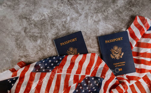 Preview: Passport of USA covered by American classic passport on US Flag. Personal documents on USA