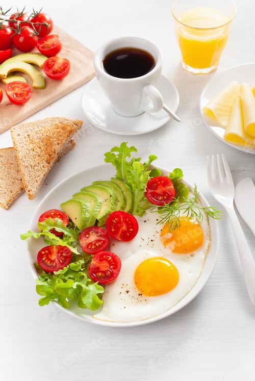 Preview: healthy breakfast with fried eggs, avocado, tomato, toasts and c