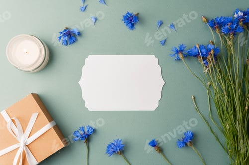 Preview: Card with candle, gift box and cornflowers on green background