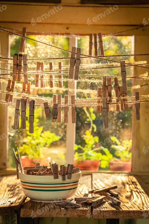 Preview: Rustic cottage to dry herbs in countryside in summer