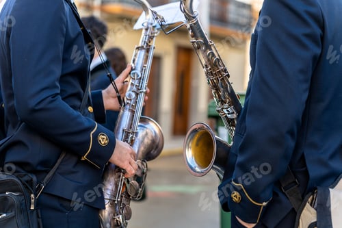Preview: Wind instrument music band making music on the street.