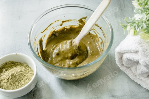 Preview: Henna dry powder, glass bowl with henna rehydrated, white terry towel on a marble mat.