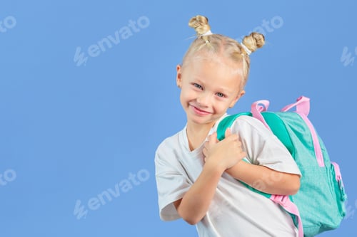 Preview: Back to school. Happy little schoolgirl with backpack