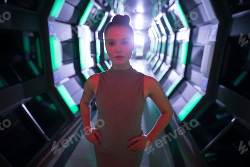 Preview: In futuristic corridor, confident woman standing with hands on hips, looking determined
