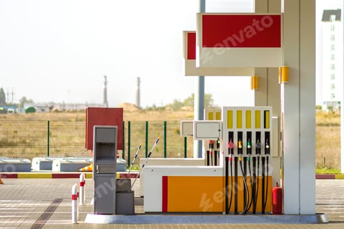 Preview: Clean empty auto gas station exterior on sunny day on rural landscape