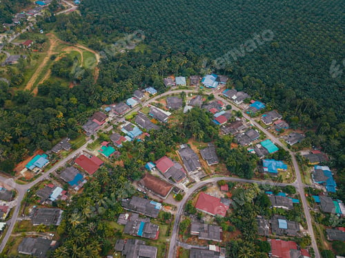 Preview: Drone shot of houses from top view in Felda Air Tawar 4, Kota Tinggi, Johor, Malaysia