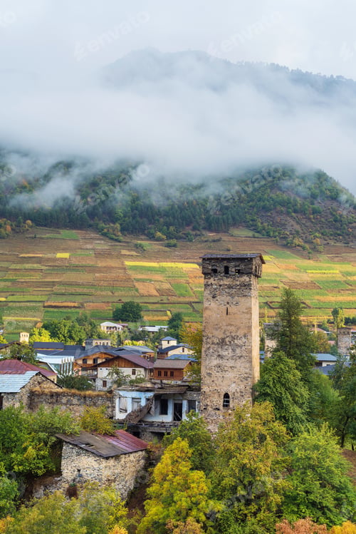 Preview: Old Georgian town of Mestia. Tourist attraction
