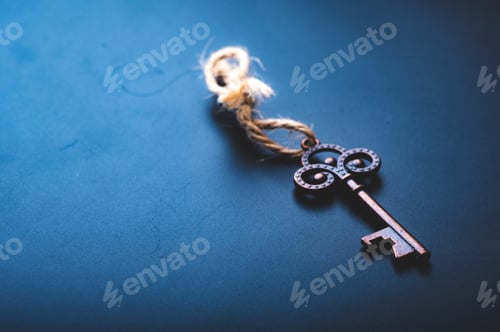 Preview: old antique key for concept of lock, retro door key security metal object, in vintage gold color