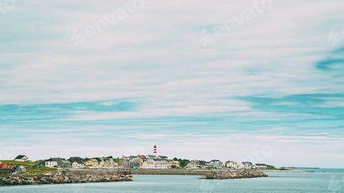 Preview: Alnesgard, Godoya, Norway. Old Alnes Lighthouse In Summer Day In Godoy Island Near Alesund Town