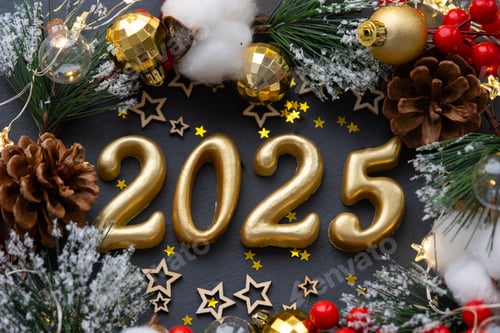 Visualização: As figuras douradas (20-25) feitas de velas em um fundo de ardósia de pedra preta são decoradas com um festi.