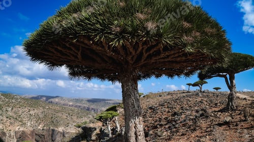 Preview: Unique dragon tree stands out against the dramatic landscape of Socotra Island near the coast