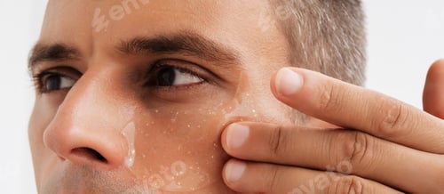 Preview: Detail shot of an under-eye hydrogel patch on male skin.