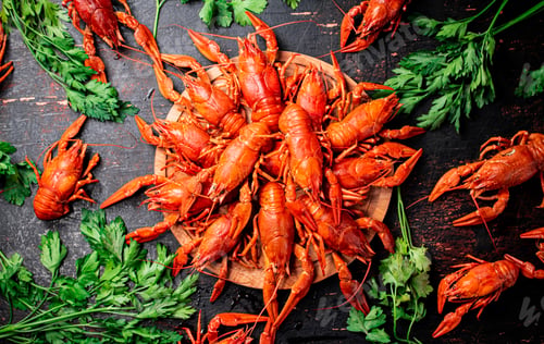 Preview: Boiled crayfish on a wooden cutting board with parsley.
