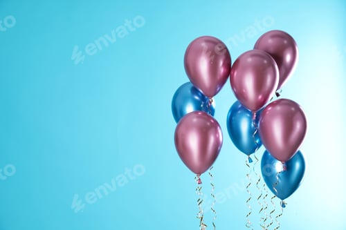 Preview: Bright balloons on color background. Space for text