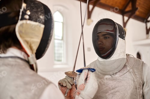 Preview: Fencing, start and fight with sword in sports training, exercise or challenge in hall. Martial arts