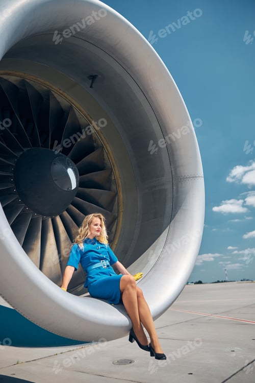Preview: Beautiful flight attendant sitting in plane engine