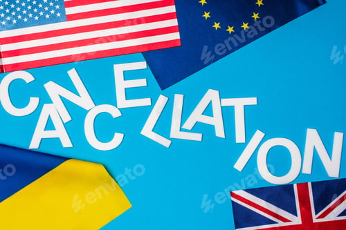 Preview: Top view of flags of countries with lettering cancellation on blue background