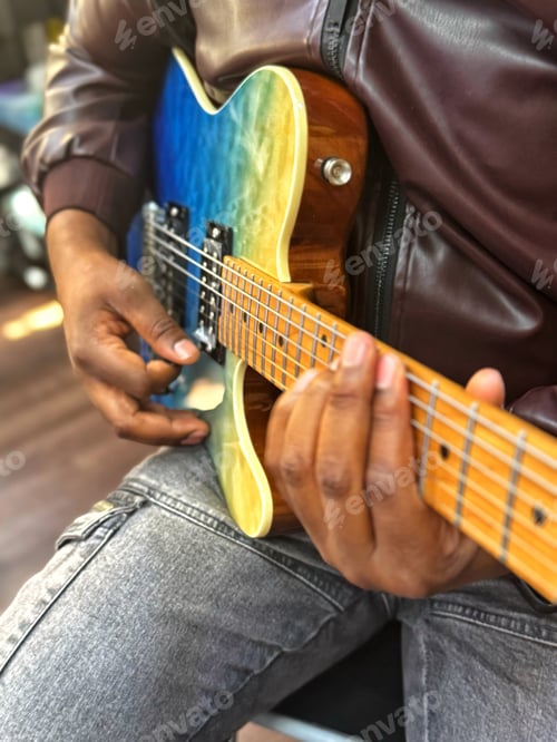 Preview: A black unrecognizable male musician guitarist plays electric guitar in his local recording studio
