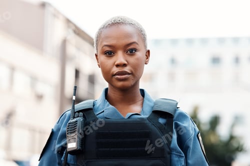 Preview: Portrait, police or black woman in city for law enforcement, security protection or legal street sa