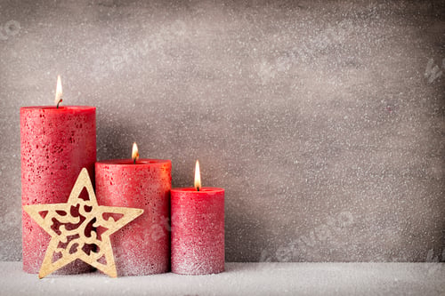 Preview: Red burning candle on a snow background. Interior items.