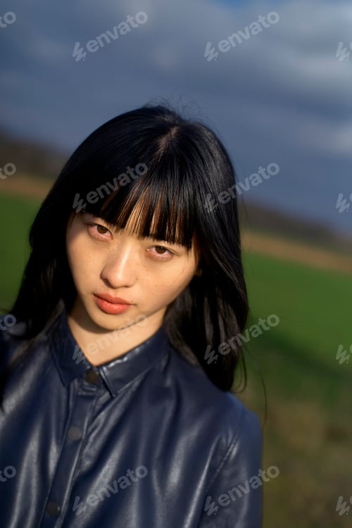 Preview: Woman with long black hair in leather jacket stands in a field on a cloudy day. Brandenburg, Germany