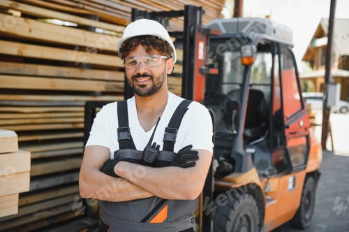 Preview: Arab worker smiling with crossed arms in lumber warehouse with forklift