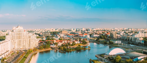 Preview: Minsk, Belarus. Elevated View Of Historical Center, Old Town. Minsk Skyline In Sunny Summer Evening