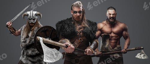 Preview: Nordic barbarians from past with armor shield and axes
