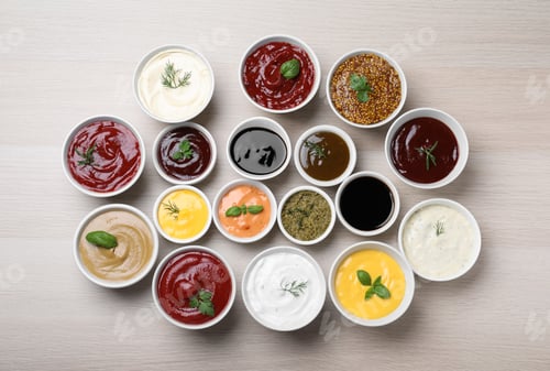 Preview: Many bowls with different sauces and herbs on wooden table
