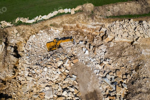 Preview: Aerial Drone View of Excavator Working in a Limestone Quarry