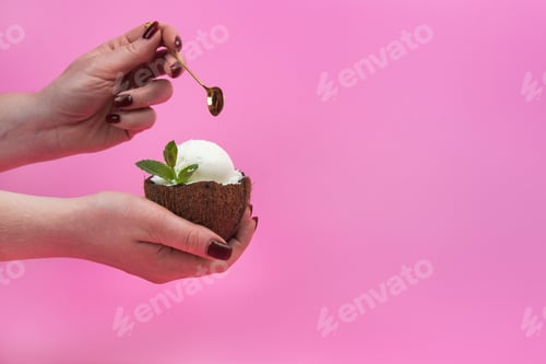 Preview: Vanilla ice cream balls in a fresh coconut half, decorated with mint leaves in the hand with a spoon