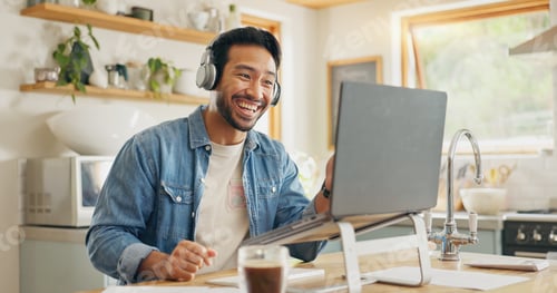 Preview: Remote work from home, talking and man with a laptop, video call or social media with online meetin