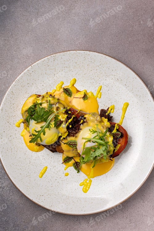 Preview: Delicious plate with freshly prepared breakfast made of toasted bread, toppings, and vegetables