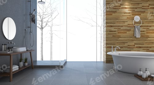 Preview: 3d rendering contemporary and loft style bathroom with nice winter view